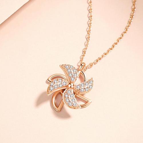 Sterling Silver Jewelry Necklace, 925 Sterling Silver, with 1.97inch extender chain, Pinwheel, plated, fashion jewelry & for woman & with rhinestone Approx 15.75 Inch 