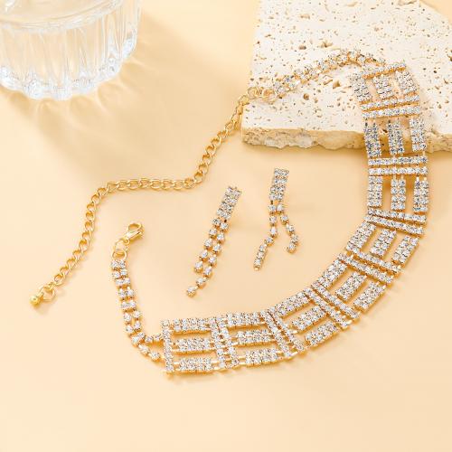 Rhinestone Zinc Alloy Jewelry Set, earring & necklace, with 14.7cm extender chain, plated, 2 pieces & for woman & with rhinestone Approx 32.1 cm 
