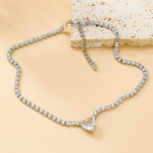 Rhinestone Zinc Alloy Necklace, with 5.7cm extender chain, Heart, fashion jewelry & for woman & with rhinestone, silver color Approx 37.9 cm 