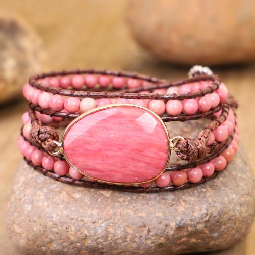 Rhodonite Bracelet, with leather cord, handmade, fashion jewelry & multilayer & Unisex Approx 51-60 cm 