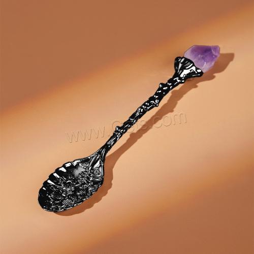 Zinc Alloy Coffee Spoon, with Amethyst, plated, vintage & embossed Length 11cm,Scoop bowl 3.2*1.8cm [