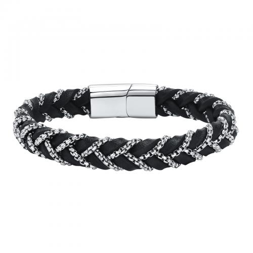 PU Leather Cord Bracelets, 304 Stainless Steel, with PU Leather & Plastic Pearl, fashion jewelry & for man, black mm Approx 210 mm 