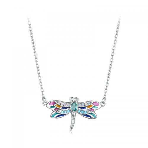 Cubic Zircon Micro Pave Sterling Silver Necklace, 925 Sterling Silver, with Glass, with 5CM extender chain, Dragonfly, plated, micro pave cubic zirconia & for woman & enamel, silver color Approx 40 cm 