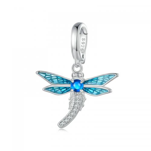 Cubic Zirconia Micro Pave Sterling Silver Pendant, 925 Sterling Silver, with Spinel, Dragonfly, plated, DIY & micro pave cubic zirconia & enamel, silver color 