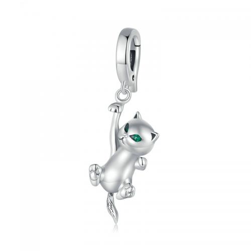 Sterling Silver Animal Pendants, 925 Sterling Silver, with Spinel, Cat, plated, DIY, silver color 
