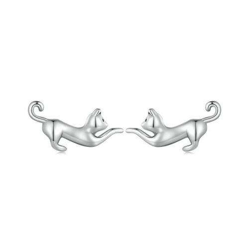 Sterling Silver Stud Earring, 925 Sterling Silver, Cat, plated, for woman, silver color 