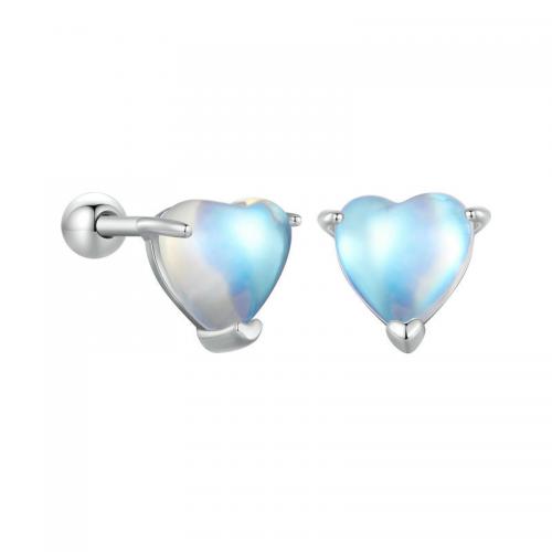 Sterling Silver Stud Earring, 925 Sterling Silver, with Moonstone, Heart, plated, for woman, silver color 