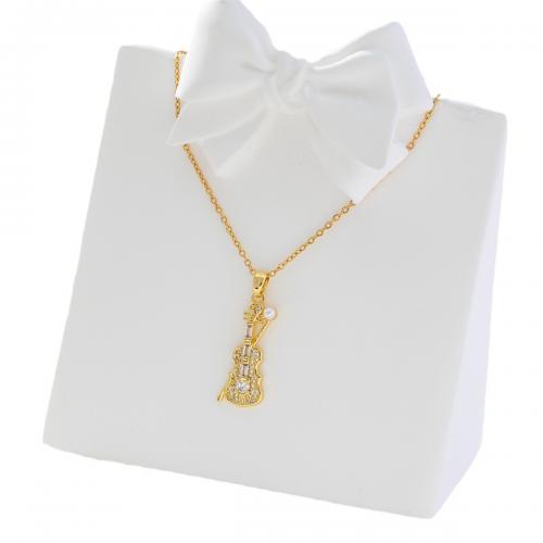 Cubic Zircon Micro Pave Brass Necklace, with Plastic Pearl, Violin, real gold plated, micro pave cubic zirconia & for woman, golden 