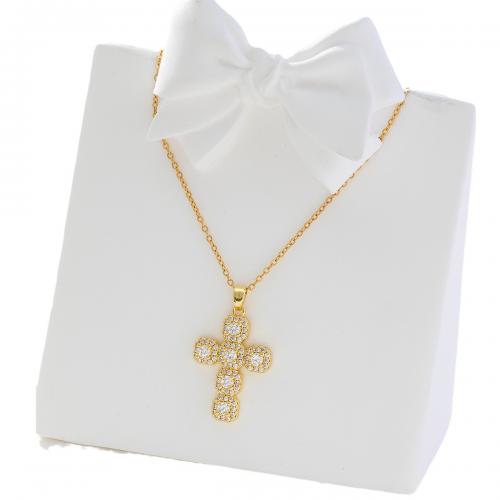 Cubic Zircon Micro Pave Brass Necklace, Cross, real gold plated, micro pave cubic zirconia & for woman, golden 