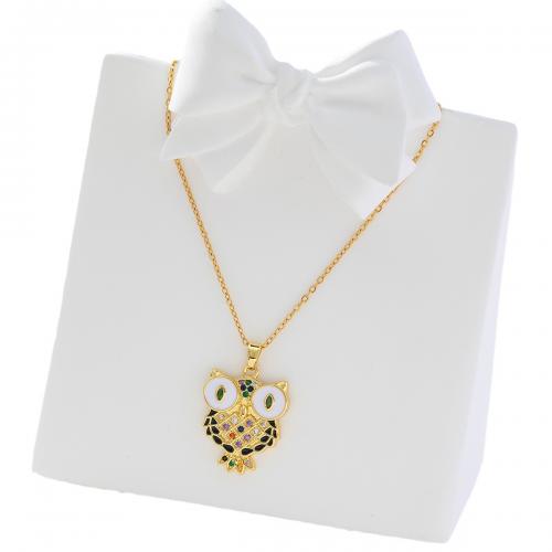 Cubic Zircon Micro Pave Brass Necklace, Owl, real gold plated, micro pave cubic zirconia & for woman & enamel, golden 