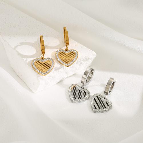 Titanium Steel Huggie Hoop Drop Earring, Heart, plated, for woman & with rhinestone 