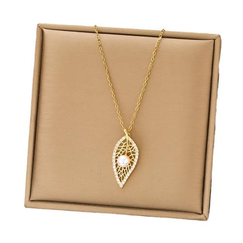 304 Stainless Steel Necklace, with Plastic Pearl, with 2inch extender chain, Leaf, 18K gold plated, oval chain & for woman & with rhinestone & hollow Approx 15.7 Inch 