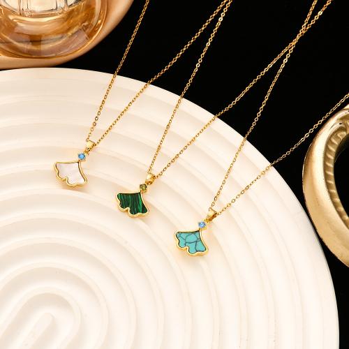 Titanium Steel Necklace, with turquoise & Malachite & White Shell, with 2inch extender chain, Skirt, real gold plated, fashion jewelry & for woman & with rhinestone Approx 15.7 Inch 