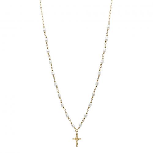 304 Stainless Steel Necklace, with Plastic Pearl, with 2inch extender chain, Cross, 14K gold plated & for woman Approx 22.4 Inch 