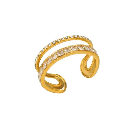 304 Stainless Steel Cuff Finger Ring, gold color plated, for woman & with rhinestone & hollow, US Ring 