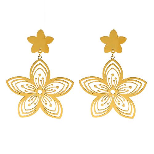 304 Stainless Steel Drop Earring, Flower, 18K gold plated, for woman & hollow 