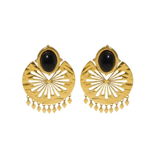 304 Stainless Steel Drop Earring, with Black Stone, Geometrical Pattern, gold color plated, vintage & for woman & hollow 