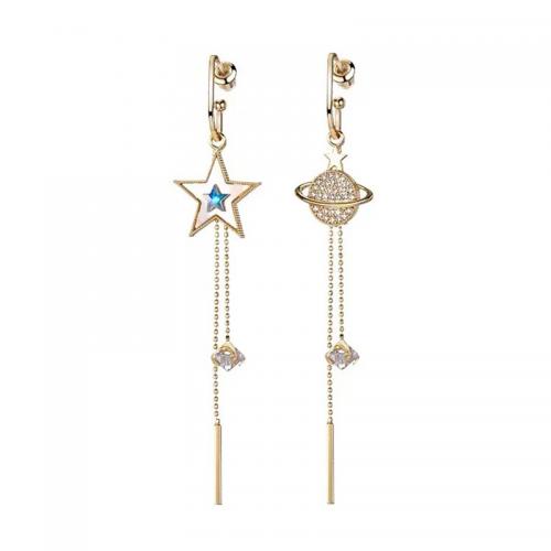 Copper Alloy Asymmetric Earrings, gold color plated, for woman & enamel & with rhinestone 