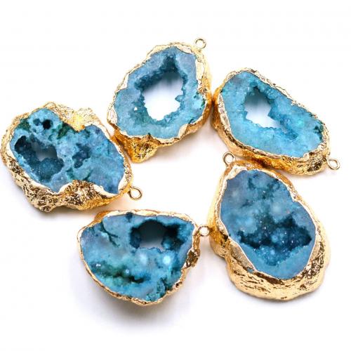 Ice Quartz Agate Pendants, with Brass, gold color plated, fashion jewelry & druzy style & DIY & hollow, blue, Length about 30-50mm,Hight about 40-60mm 