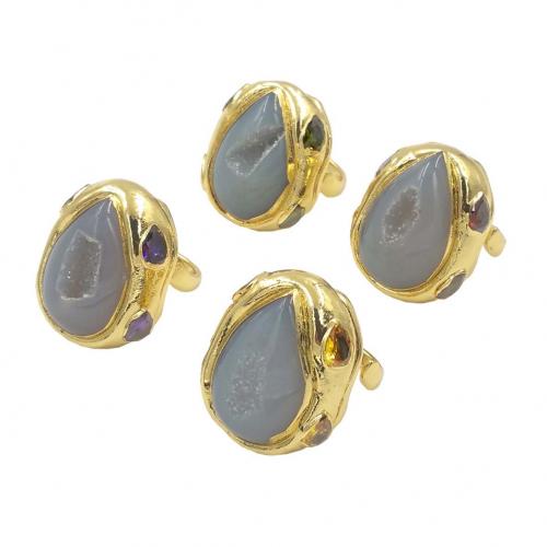 Agate Finger Ring, Ice Quartz Agate, with Cubic Zirconia & Brass, gold color plated, fashion jewelry & druzy style & Unisex US Ring 