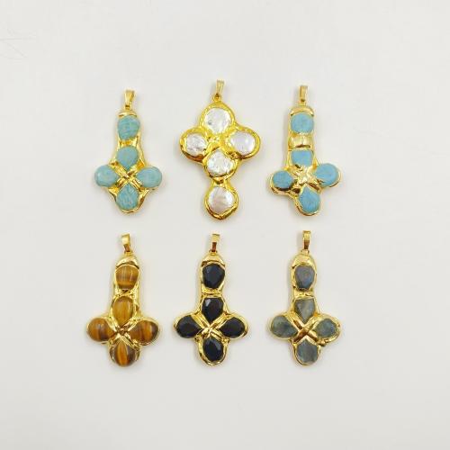 Gemstone Brass Pendants, with pearl & Brass, gold color plated, fashion jewelry & DIY 49.22mm 