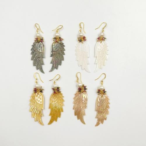 Freshwater Shell Earring, with Tourmaline & Plastic Pearl & Brass, Wing Shape, gold color plated, fashion jewelry & for woman 