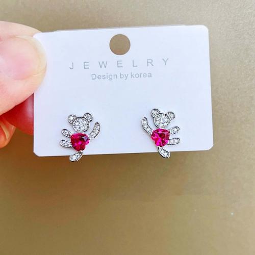Cubic Zirconia Micro Pave Brass Earring, with Ruby Alumina & Cubic Zirconia, Bear, platinum plated, fashion jewelry & for woman, rose carmine 