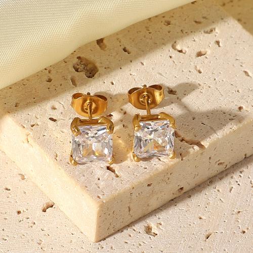 Stainless Steel Cubic Zirconia Stud Earring, 304 Stainless Steel, Square, 18K gold plated, fashion jewelry & micro pave cubic zirconia & for woman 