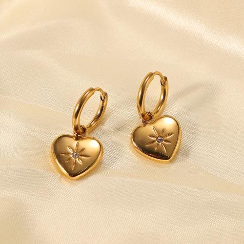 Stainless Steel Drop Earring, 304 Stainless Steel, Heart, 18K gold plated, fashion jewelry & micro pave cubic zirconia & for woman 