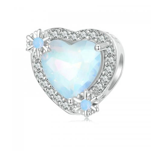 Cubic Zirconia Micro Pave Sterling Silver Bead, 925 Sterling Silver, with Opal & Glass, Heart, platinum plated, DIY & micro pave cubic zirconia Approx 4.5mm 