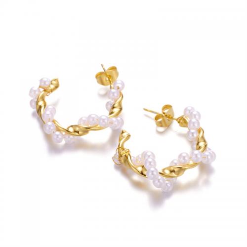 Edelstahl Stud Ohrring, 304 Edelstahl, mit Kunststoff Perlen, Modeschmuck & für Frau, goldfarben, 26x27mm, verkauft von Paar
