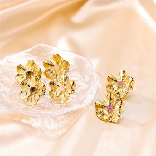 Stainless Steel Stud Earring, 304 Stainless Steel, with Natural Stone, Flower, fashion jewelry & for woman, golden 
