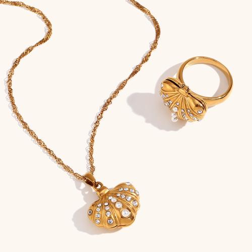 Rhinestone stainless steel Jewelry Set, 316L Stainless Steel, with Plastic Pearl, with 5cm extender chain, Shell, 18K gold plated & for woman & with rhinestone, golden Approx 40 cm 