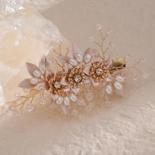 Zinc Alloy Alligator Hair Clip, with Plastic Pearl, Flower, plated, for woman & with rhinestone 