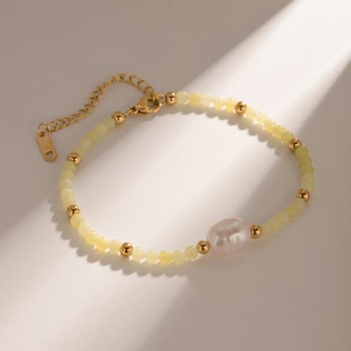 Glass Seed Beads Bracelets, 304 Stainless Steel, with Seedbead & ABS Plastic Pearl, with 6.5cm extender chain, plated, fashion jewelry, yellow cm 