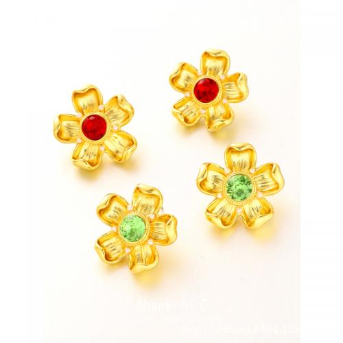 Rhinestone Brass Stud Earring, with Plastic Pearl, Flower, 18K gold plated, fashion jewelry & for woman & with rhinestone 