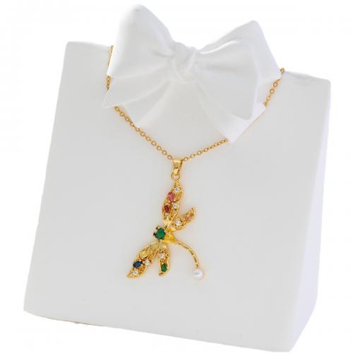 Cubic Zircon Micro Pave Brass Necklace, with Plastic Pearl, Dragonfly, real gold plated, micro pave cubic zirconia & for woman, golden 