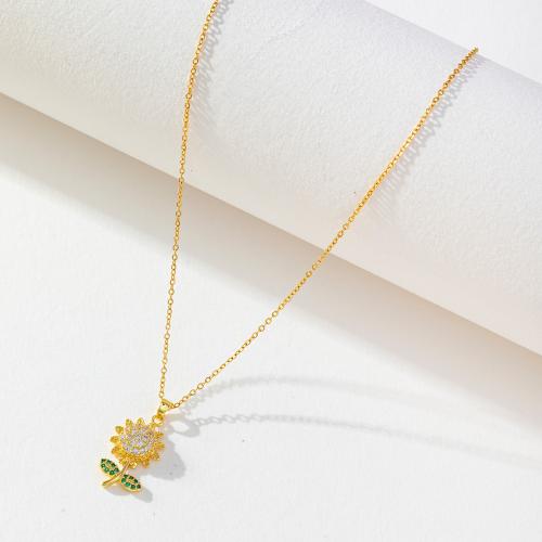 Cubic Zircon Micro Pave Brass Necklace, Sunflower, real gold plated, micro pave cubic zirconia & for woman, golden 