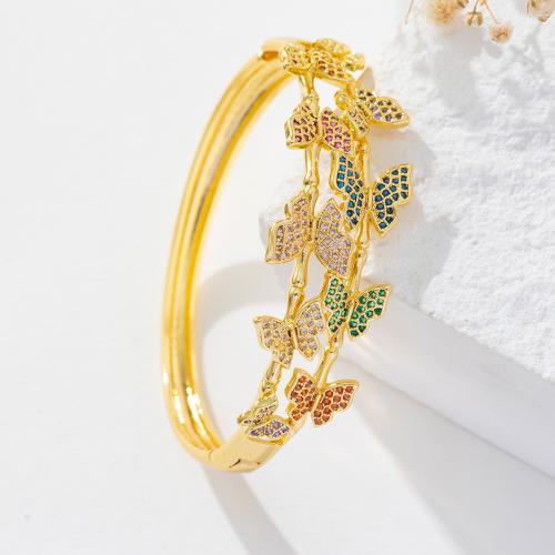 Brass Bangle, Butterfly, real gold plated, micro pave cubic zirconia & for woman, golden 