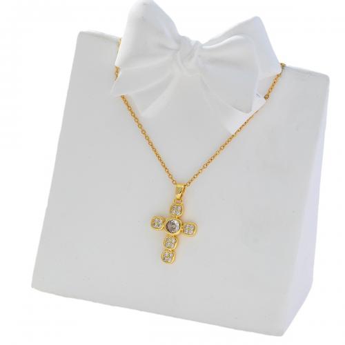 Cubic Zircon Micro Pave Brass Necklace, Cross, real gold plated, micro pave cubic zirconia & for woman, gold 