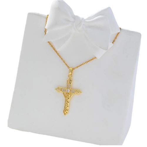 Корень Циркон Микро вымощает латунь ожерелье, Латунь, Kресты, плакированный настоящим золотом, инкрустированное микро кубического циркония & Женский, золотой, продается PC