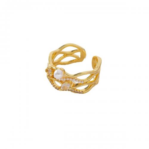 Zircon pavent l'anneau en laiton de doigt, avec perle de plastique, Plaqué d'or, pavé de micro zircon & pour femme, Or, Vendu par PC