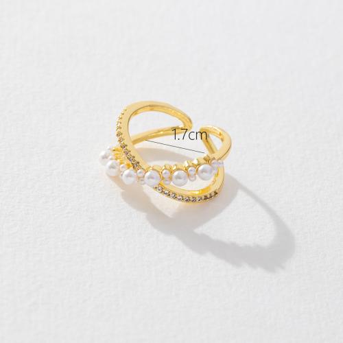 Zircon pavent l'anneau en laiton de doigt, avec perle de plastique, Plaqué d'or, pavé de micro zircon & pour femme, doré, Vendu par PC