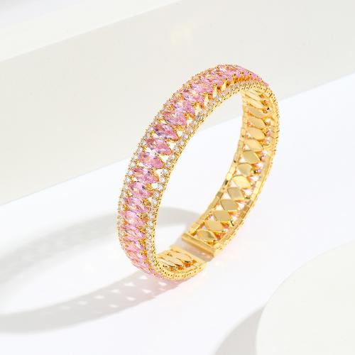 Brass Cuff Bangle, real gold plated, micro pave cubic zirconia & for woman 