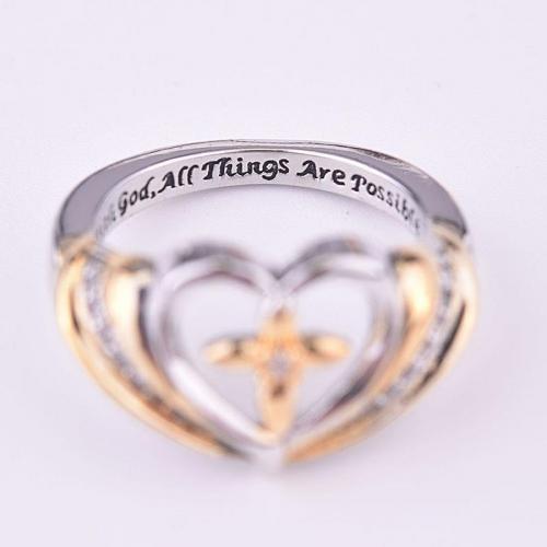 Brass Finger Ring, Heart and Cross, plated & with letter pattern & for woman & with rhinestone & hollow, US Ring 
