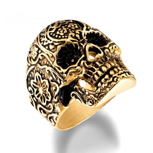 316L Stainless Steel Finger Ring, Skull, plated  & micro pave cubic zirconia & for man, US Ring 