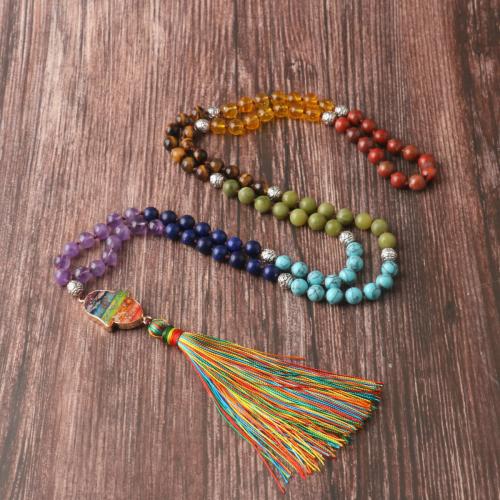 Buddhistischer Schmuck Halskette, Edelstein, mit Knotenschnur & Messing & Zinklegierung, plattiert, Modeschmuck & unisex, gemischte Farben, 108PCs/Strang, verkauft von Strang