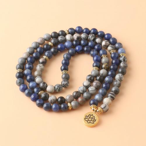 Buddhist Jewelry Necklace, Sodalite, with Network Stone & Zinc Alloy, Flat Round, gold color plated, fashion jewelry & Unisex, mixed colors 