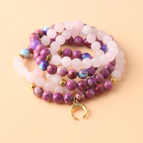 Collier de bijoux bouddhiste, quartz rose, avec Jaspe d'impression & alliage de zinc, lune, Placage de couleur d'or, bijoux de mode & unisexe, couleurs mélangées Vendu par brin