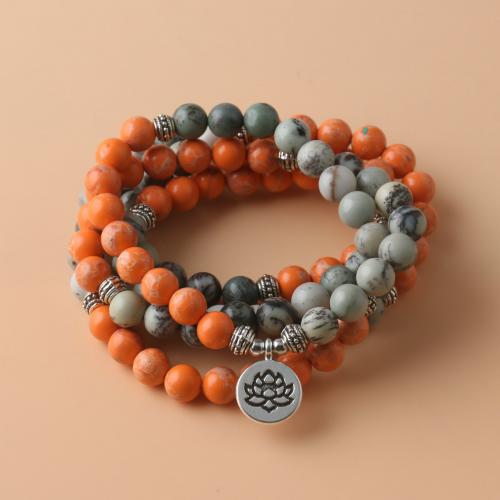 Buddhist Jewelry Necklace, Impression Jasper, with Natural Turquoise & Zinc Alloy, Flat Round, silver color plated, fashion jewelry & Unisex, mixed colors [